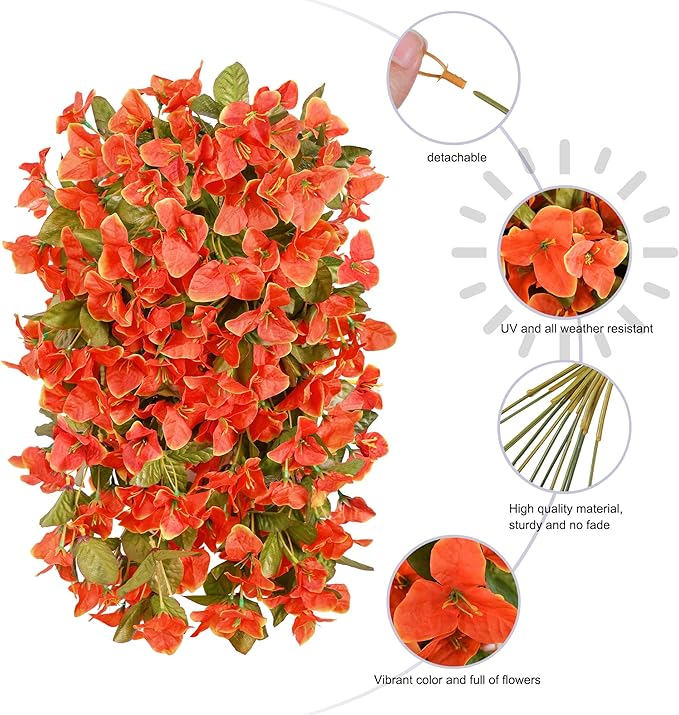 Bougainvillea Artificial Flowers Plants for Outdoors Outside Fall Autumn Decor, 2 pcs Faux Silk Long Trailing Vines UV Resistant Look Real Orange Fake Flowers for Front Door Porch Planter Urn Patio