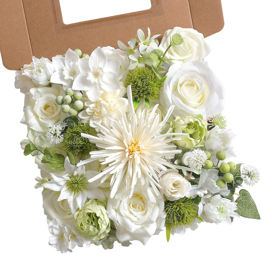 White Artificial Flower Box Set Silk Fake Flowers for DIY Centerpieces Cake Decorations, Wedding Bouquets, Boutonnieres, Home Decor (White Green)