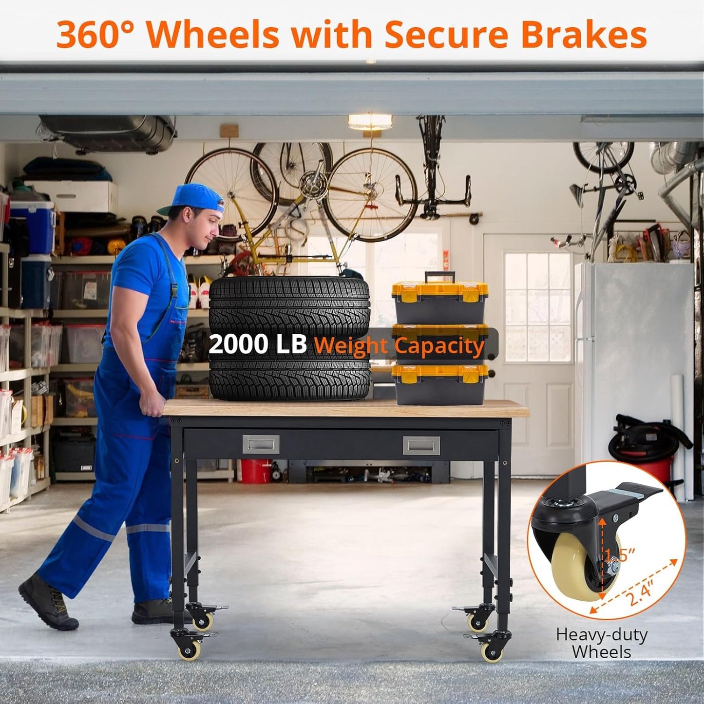 48x24 Inch Heavy-Duty Adjustable Workbench with Rubber Wood Top – 2000LB Capacity Mobile Garage Workstation with Drawer, Ideal for Workshop, DIY & Tool Storage