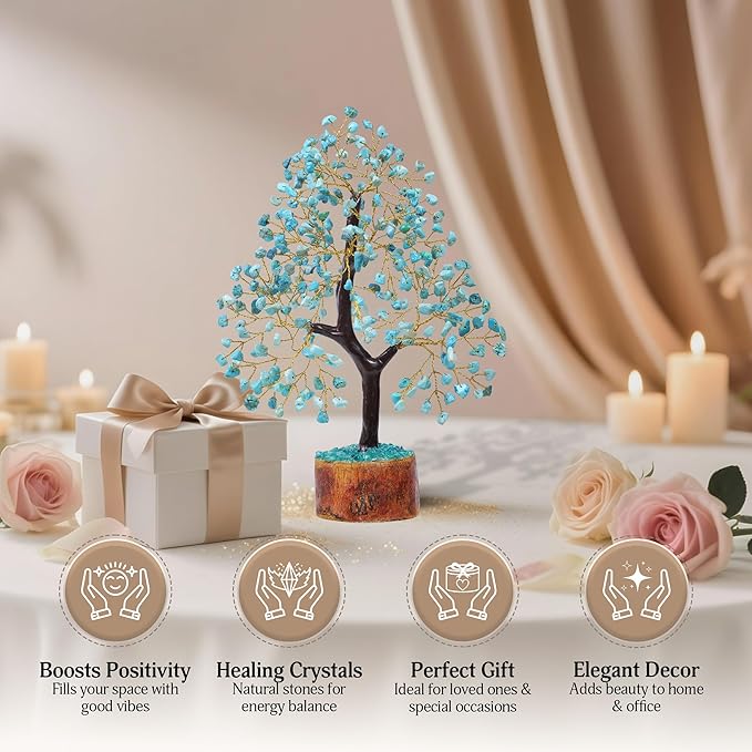 FASHIONZAADI Turquoise Crystal Tree of Life, Feng Shui Decor, Chakra Gem Tree, Crystal Positive Energy, Spiritual Decor, and Gifts for Women
