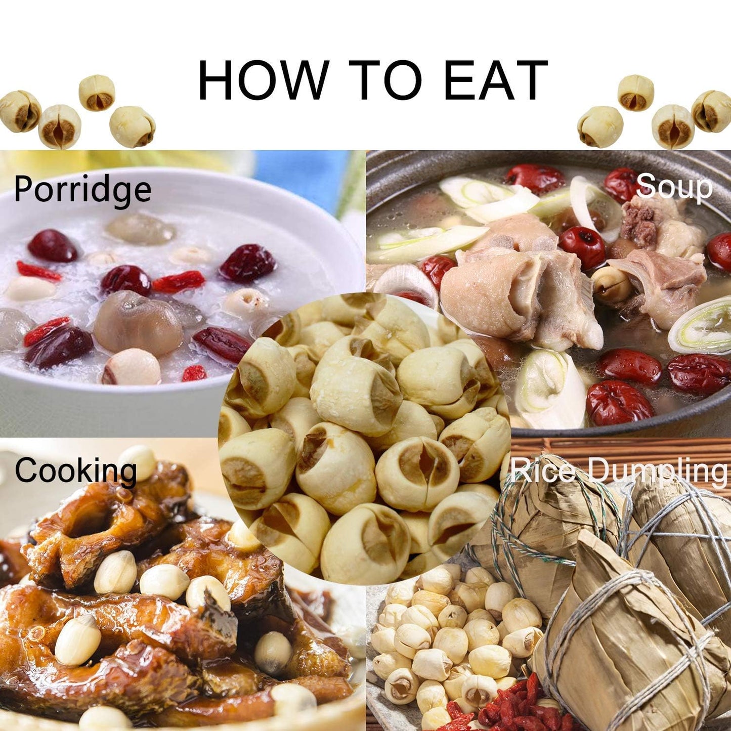 DABC OAK LAND Natural 3LB Dried Lotus Seeds 莲子干, Dried White Lotus Seeds Lian ZI, Rich In Methionine for Health, 白蓮子 for Herbal Tea Cooking Porridge and Soup Raw Material 3 X 16OZ Bags