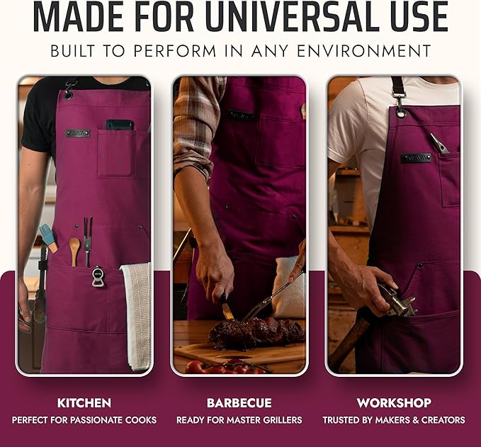 Asaya Chef and BBQ Apron with Bottle Opener and Hand Towel - 10oz Cotton Canvas, Stainless Steel Hardware - Cross Back Straps