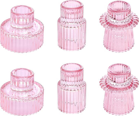 Vixdonos Taper Glass Candlestick Holders Tealight Candle Holders for Table Centerpieces, Wedding Decor and Dinner Party (6 Pcs, Pink)