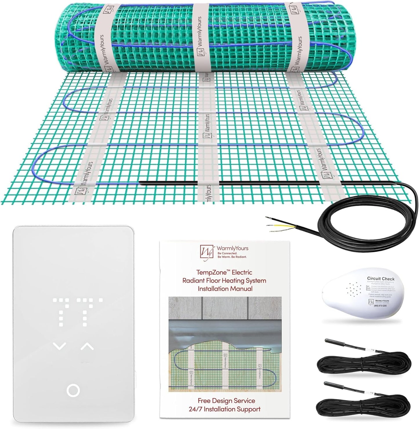 64 Sqft Heated Floor Mat Kit with Radiant Floor Heating System Thermostat UTN5, Two Sensors, Tester, 120V Electric Radiant Floor Heating Mat installs under Bathroom Tile, Vinyl - WarmlyYours TempZone