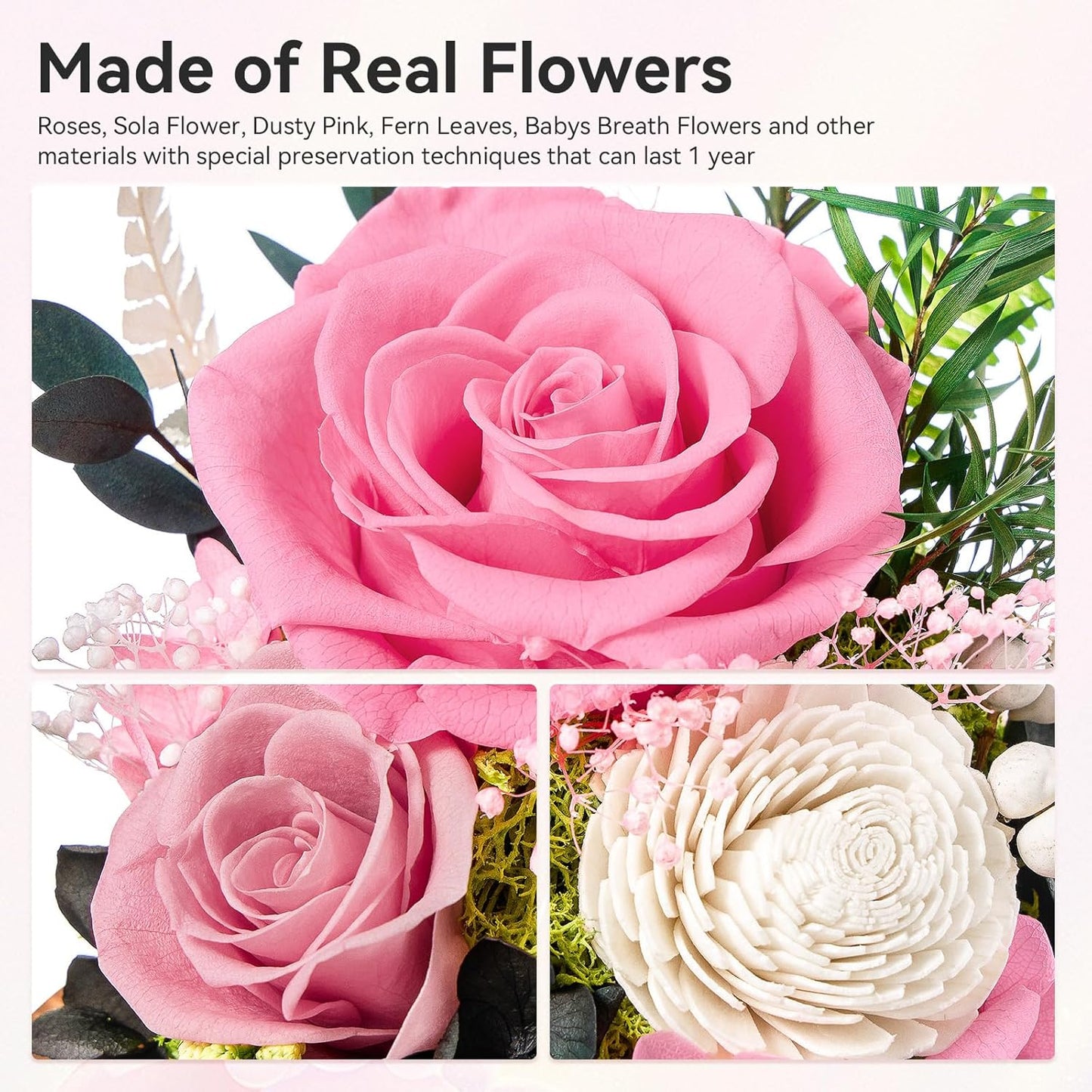 Preserved Flowers Rose Birthday Gifts for Women, Forever Flowers in Glass Ball, Long-Lasting for Mom Her Wife Grandma Anniversary Valentines (Pink)