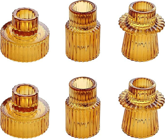 Vixdonos Taper Glass Candlestick Holders Tealight Candle Holders for Table Centerpieces, Wedding Decor and Dinner Party (6 Pcs, Amber)