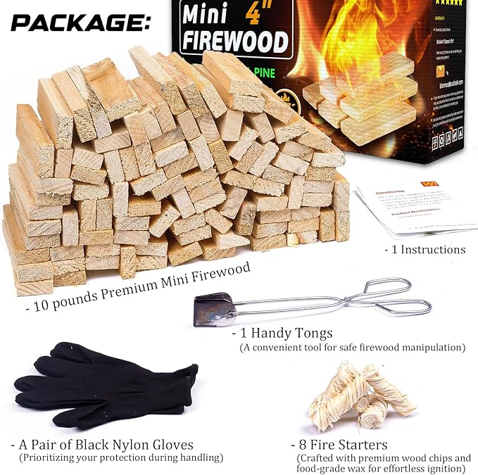 Mini Fire Stick with Fire Starter & Tongs, 4'' Kiln-Dried Pine Great Firewood for Wood Stoves, Tabletop Fire Pit, BBQ Grill, Pizza Oven, Solo Stove Accessories, BBQ Accessories, 10 lb Box