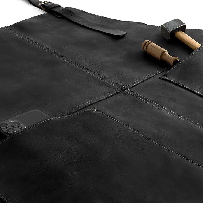 Hide & Drink, Rustic Apron with Large Pockets and Adjustable Straps, Full Grain Leather, Handmade