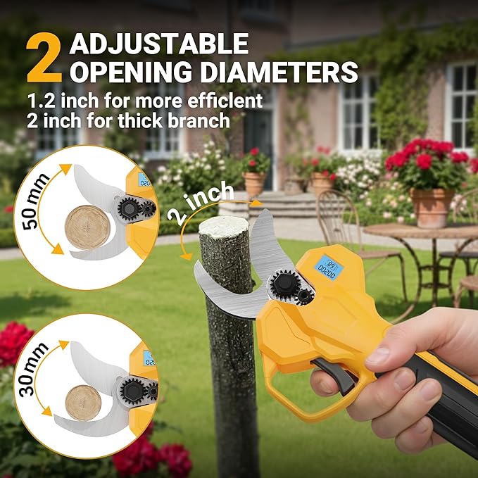 Electric Pruning Shears, Cordless Power Pruner with 2 Inch Cutting Diameter, LCD Display, Brushless Motor & 2×2.0Ah Batteries for Tree Branches & Garden