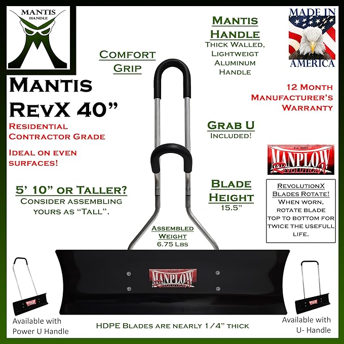 MANPLOW RevolutionX Snow Pushers and Shovels (Mantis Handle, 40")