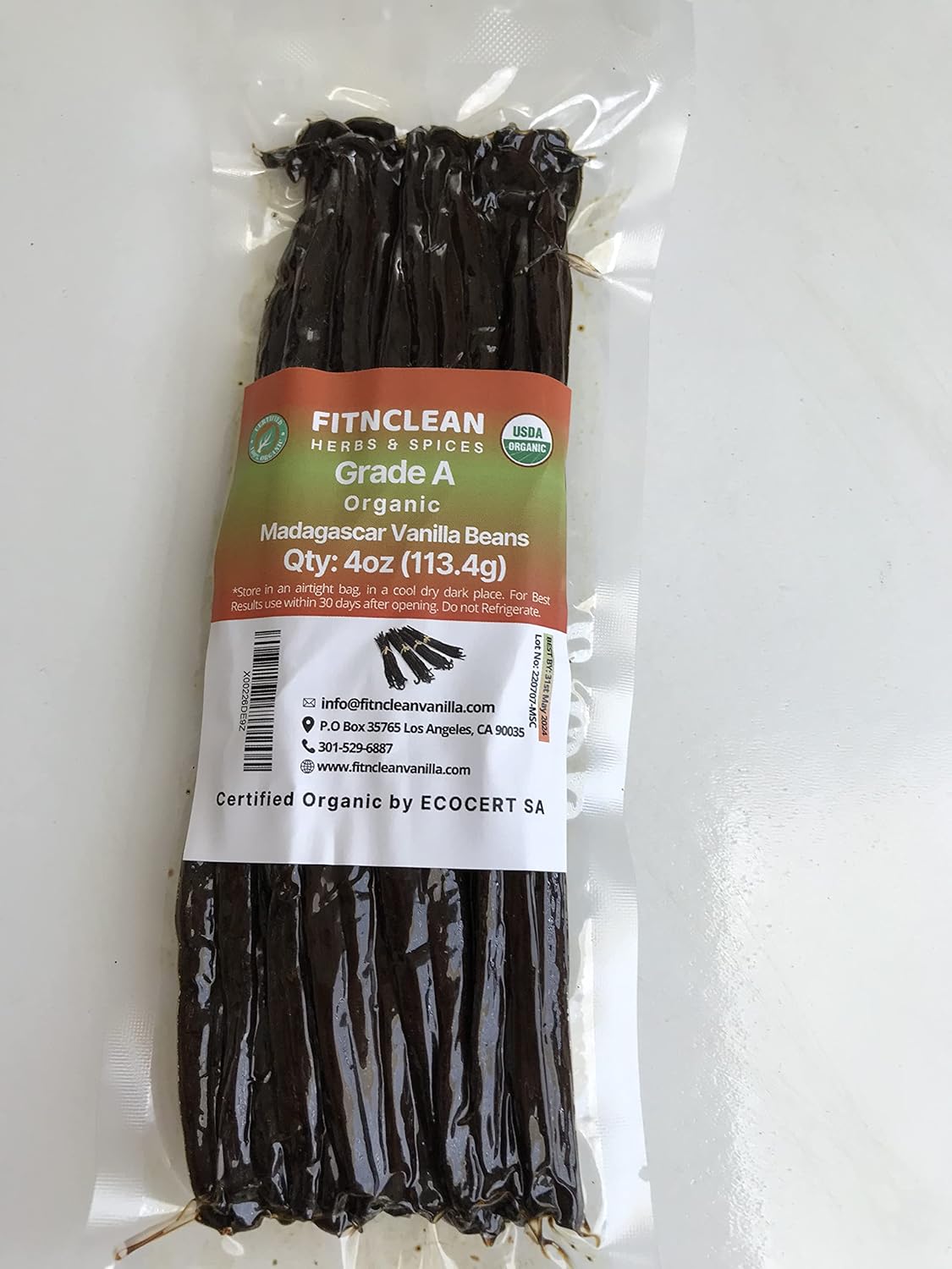 4oz Organic Madagascar Vanilla Beans Grade A. Certified USDA Organic. 6"-8" by FITNCLEAN VANILLA. Bulk for Extract, Cooking and Baking by the Weight 0.25 Pound (1/4Lb) Bourbon Fresh NON-GMO Pods.