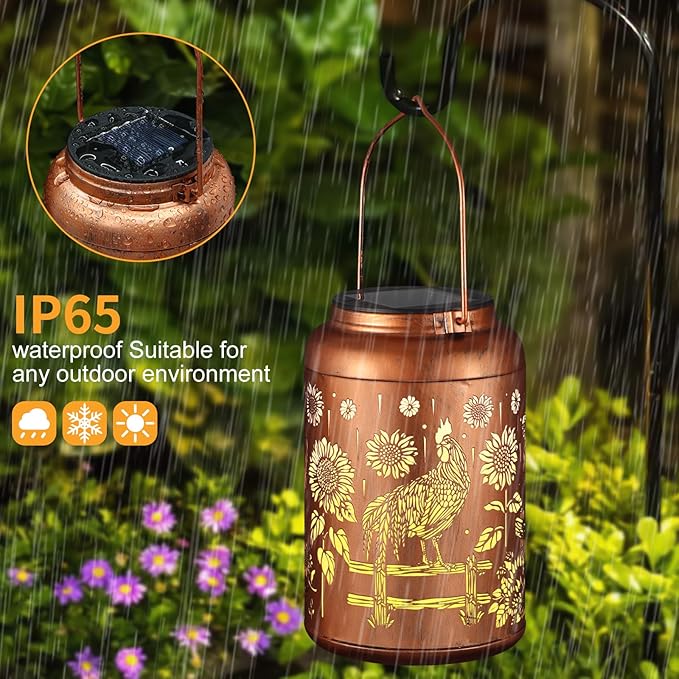 Solar Lanterns Outdoor Waterproof Hummingbird Garden Decor Christmas Gifts for Women Mom Grandma Hanging Lights Metal Decoration Outside for Yard, Patio,Backyard,Porch(Rooster)