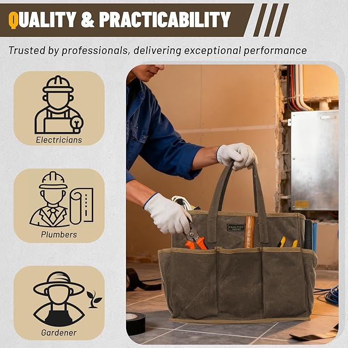 16OZ Waxed Canvas Tool Tote Bag for Garden Tools Wrench Set & Screwdrivers | 11-Pocket Garden Tool Bag with Portable Handles, Multi-Purpose Tool Storage Organizer (14"L x 5.5"W x 10.5"H) – Grey