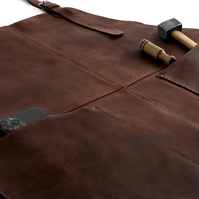 Hide & Drink, Rustic Apron with Large Pockets and Adjustable Straps, Full Grain Leather, Handmade