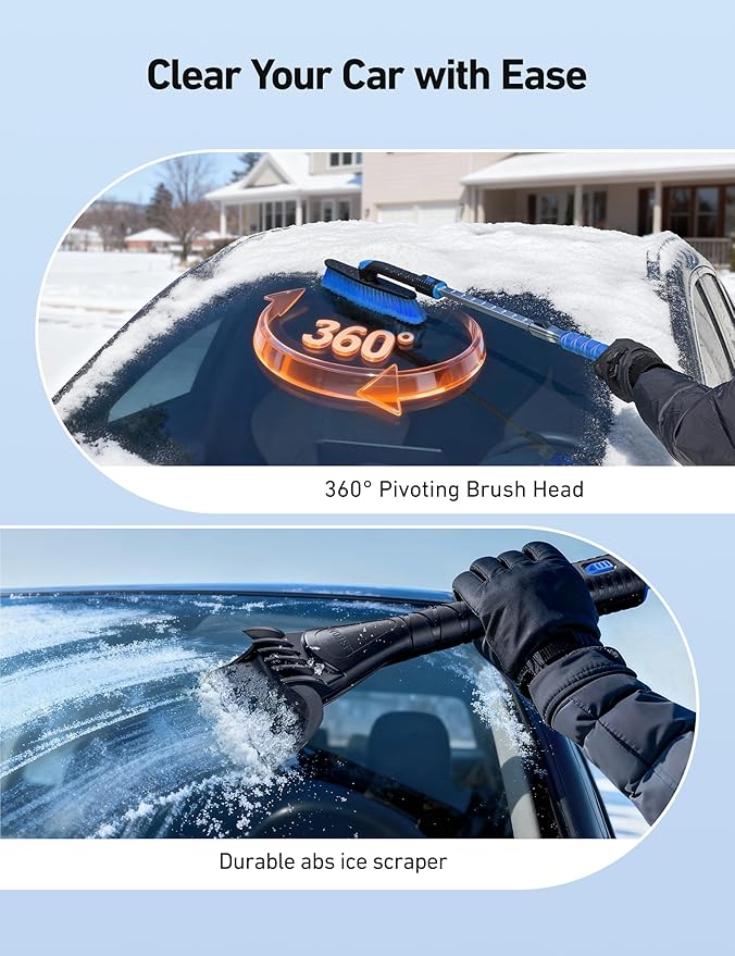 AstroAI 62.4" Ice Scrapers for Car Windshield and Extendable Snow Scraper with Foam Grip and 360° Pivoting Brush Head for Christmas Car Auto Truck SUV(Blue)