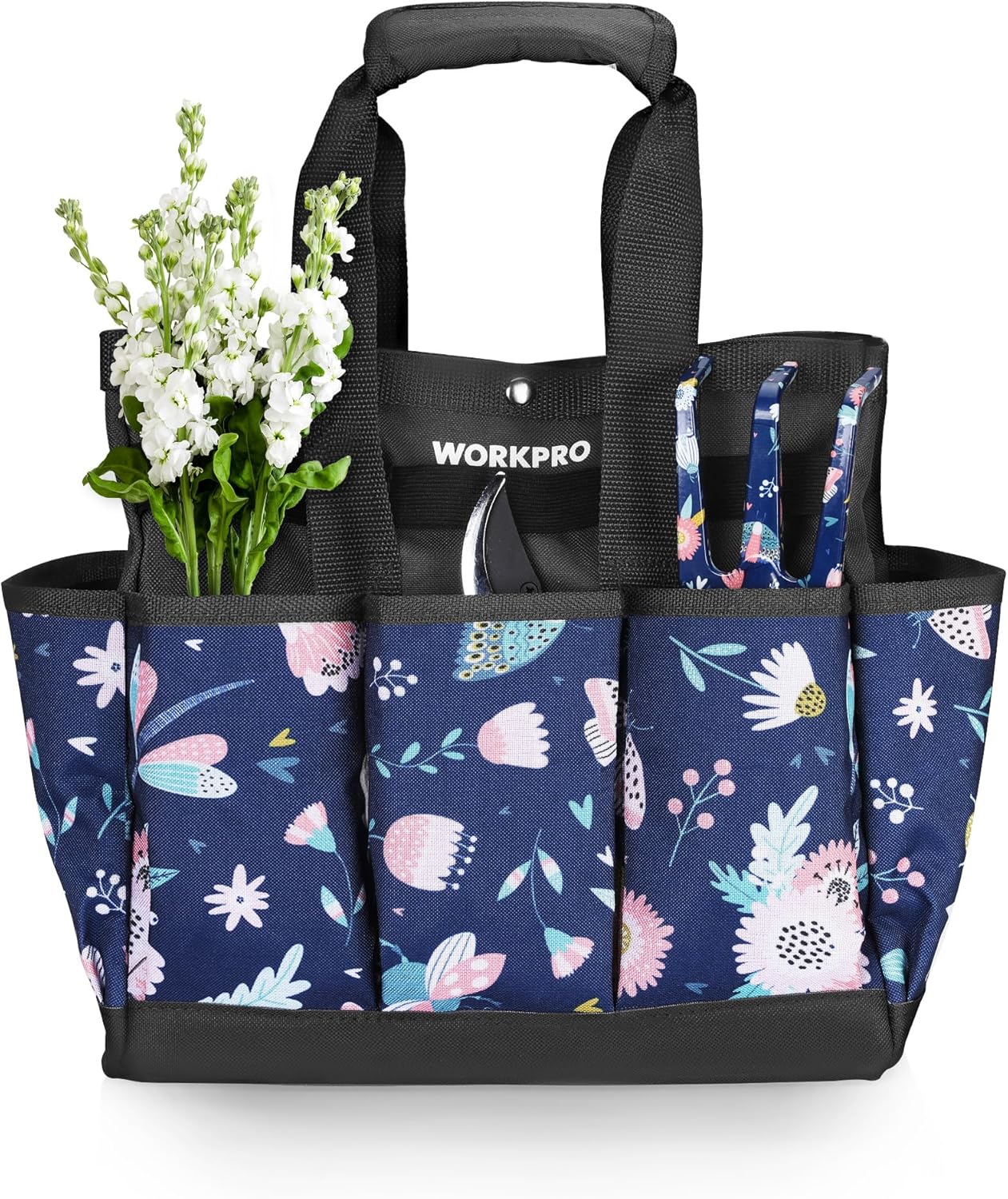 WORKPRO Garden Tool Bag, 9-Pocket Heavy Duty Oxford Tote Bag, Gardening Tool Kit Holder, 12" x 12" x 6" (Blue Insects)