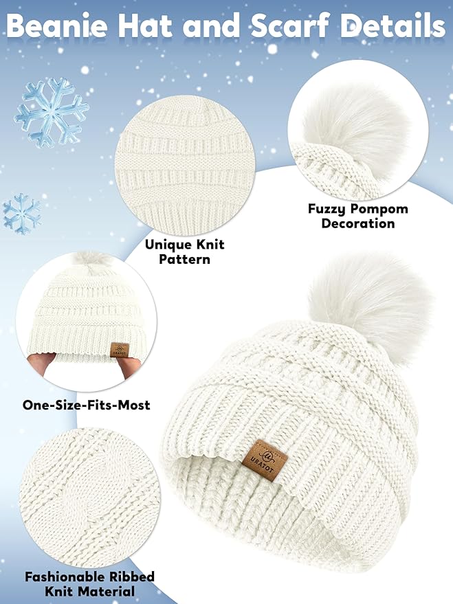 URATOT 4-In-1 Winter Warm Sets Knitted Scarf Touch Screen Gloves Beanie Pompom Hat and Winter Ear Warmer for Men or Women