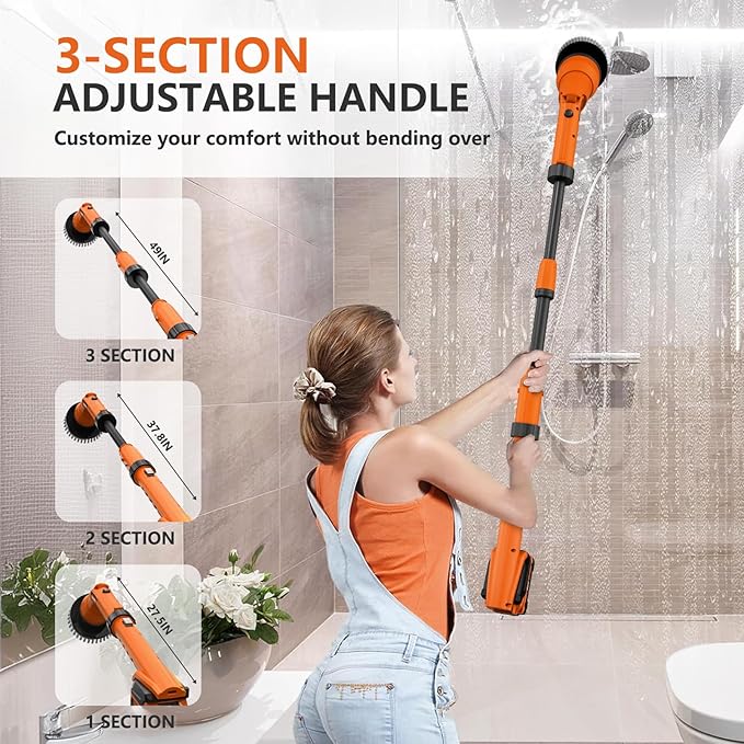 1000RPM Electric Spin Scrubber, 20V Cordless Cleaning Brush with Adjustable Extension Arm, 4 Replaceable Cleaning Heads, Hook and Gloves, 1 Hour Fast Charge, Waterproof - for Bathroom/Tub/Tile/Floor