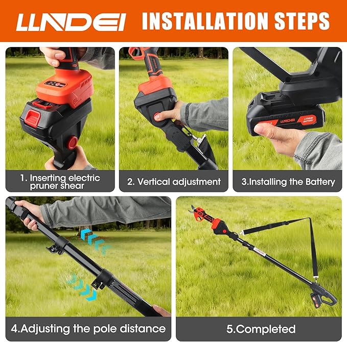 LLNDEI 2-in-1 Electric Pruning Shears with 13Ft Reach Extension Pole, 1.6“ Cutting Diameter, Electric Tree Pruner, 1000w Brushless Motor, Cordless Power Pruner for Tree Trimming.