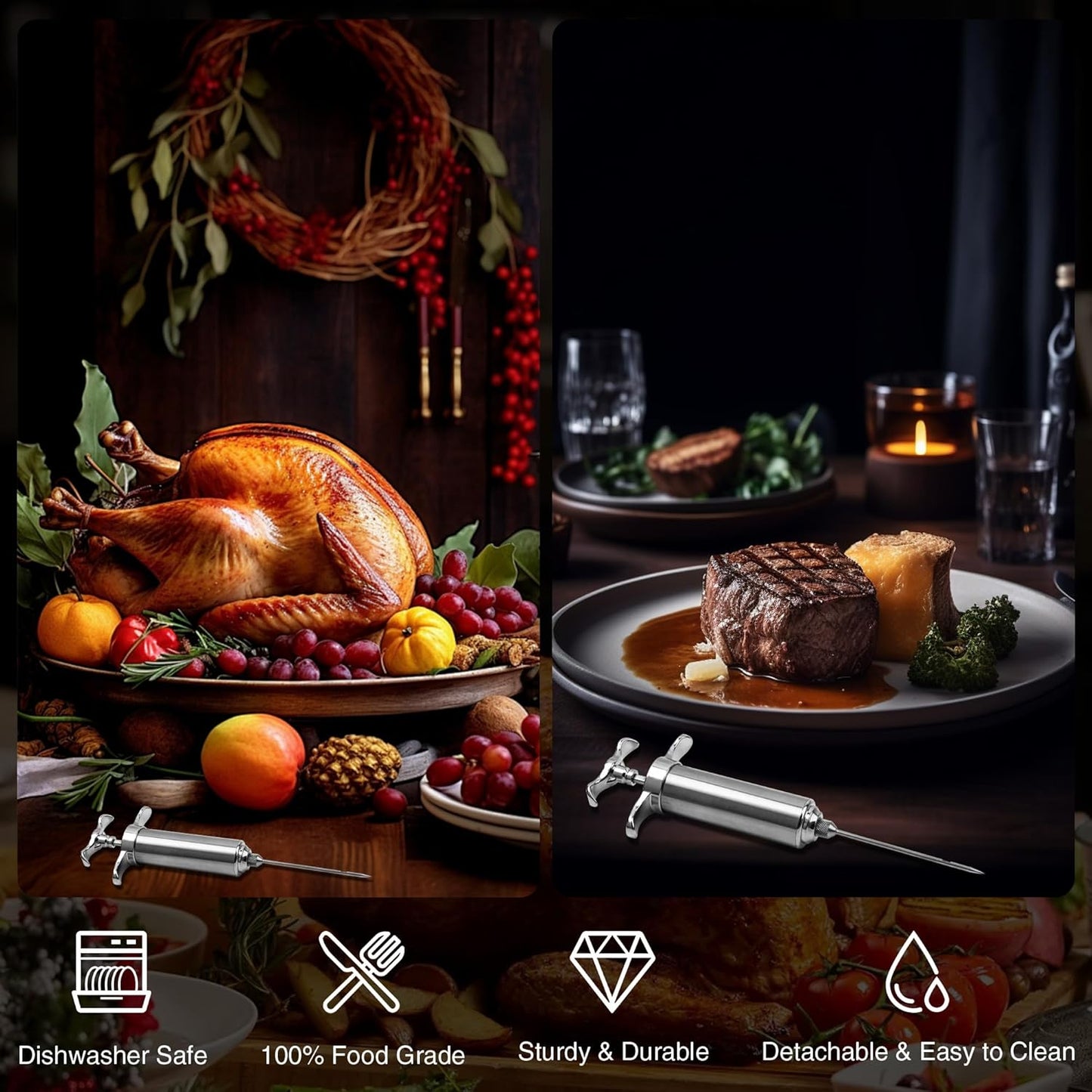 Meat Injector Syringe Kit, Flavor Injector with 3 Marinade Needles, Stainless Steel Kitchen Food Injection Syringe for Turkey Cooking