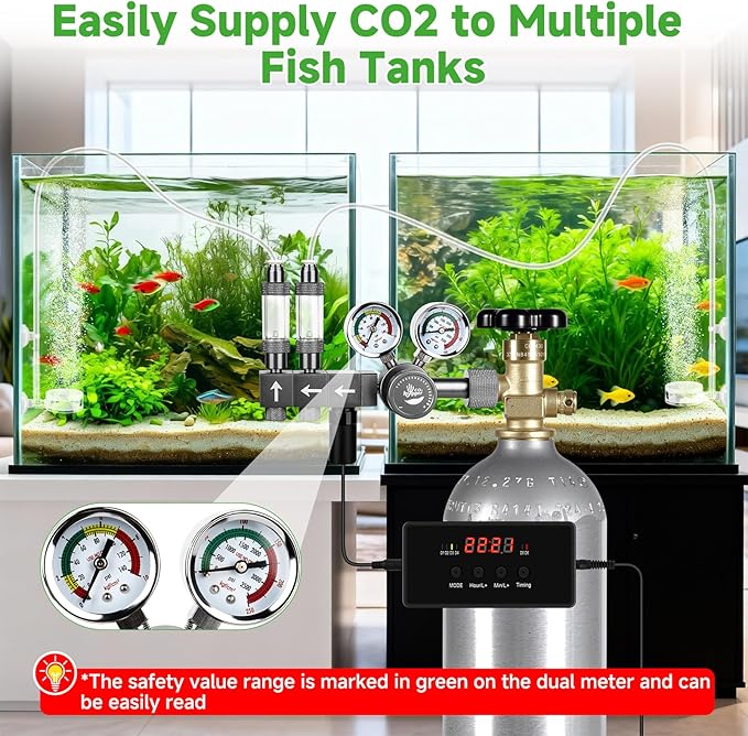 Upgraded Aquarium CO2 Regulator with Motorized Valve, Dual Stage Adjustable Pressure, Expandable for Two Tanks, Includes Timer and Bubble Counters for CO2 Aquarium System