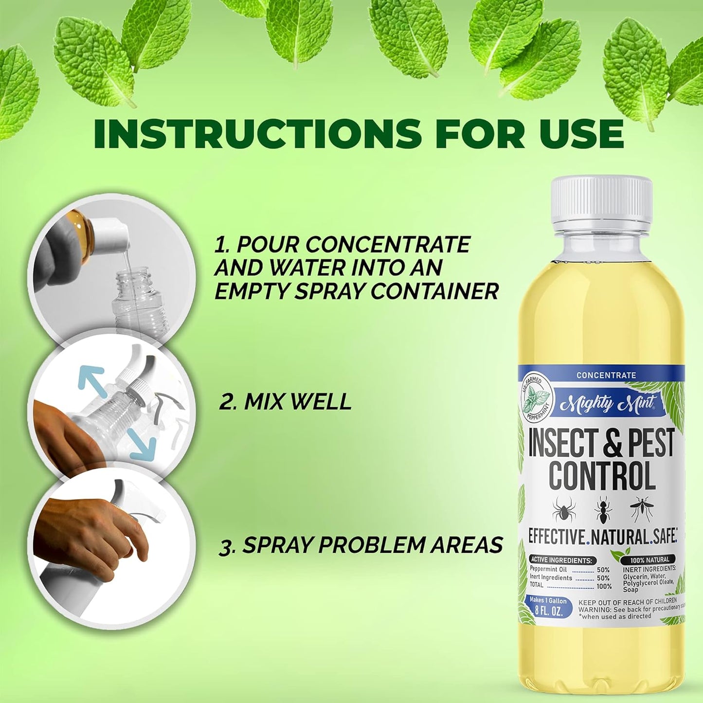 Mighty Mint Peppermint Oil Insect Repellent Concentrate– Natural Indoor & Outdoor Bug Control for Spiders, Ants, Roaches, and More – Plant-Based, Extra-Strong Formula - 8 oz