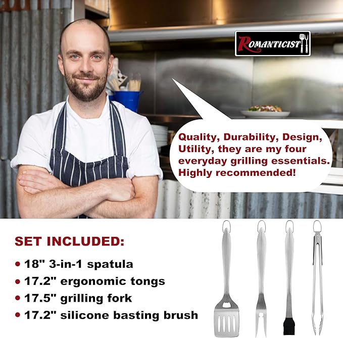 ROMANTICIST 4pc Heavy Duty Grill Accessories for Top Chef - Professional Grill Tools Set & Basic BBQ Tools for Backyard Restaurant Outdoor Kitchen - Deluxe Grill Gift for Dad on Father’s Day Christmas