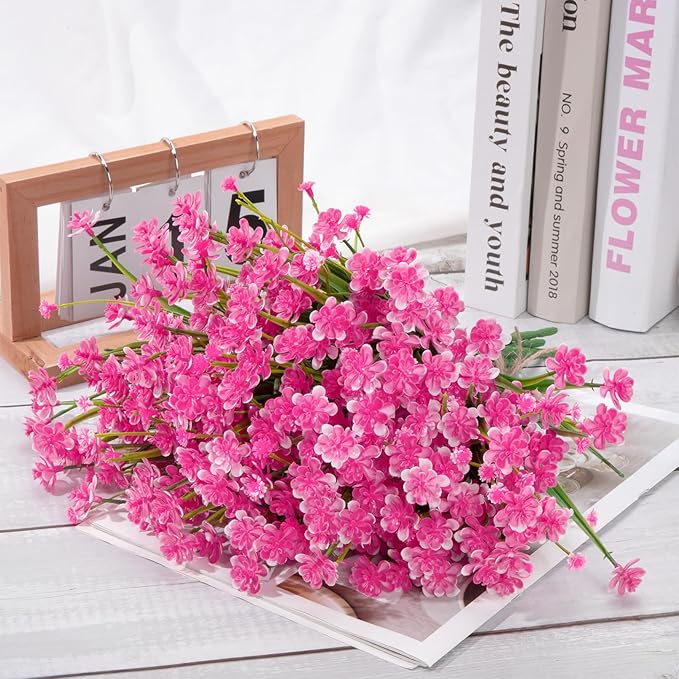 Ouddy Decor 24 Bundles Artificial Flowers for Outdoors UV Resistant Fake Plastic Plants Faux Greenery Stems for Spring Summer Indoor Garden Patio Window Box Kitchen Home Decor, Pink