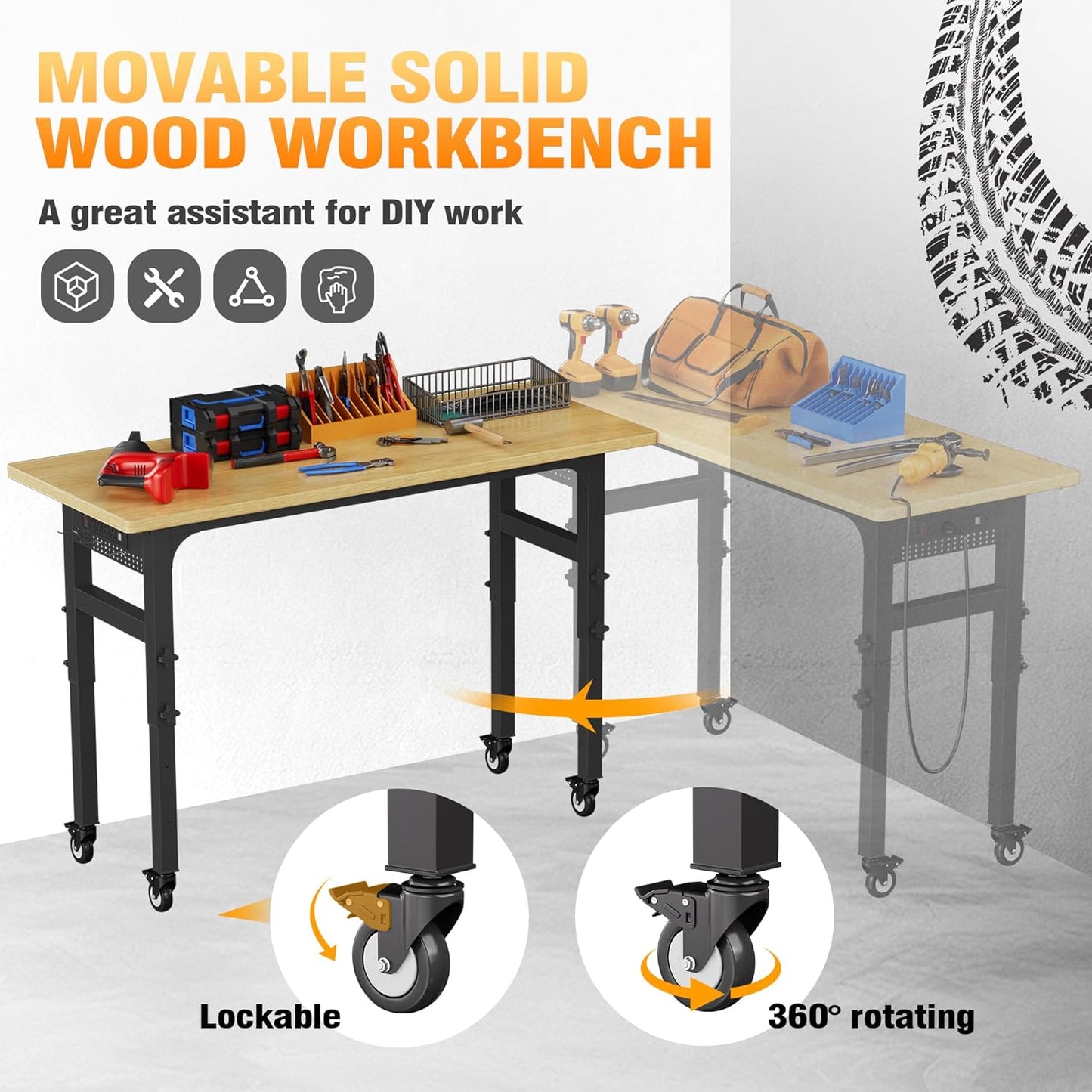 60" Heavy Duty Work Bench with Wheels, Adjustable Height 2000 Lbs Garage Workbench w/Pegboard Pad & Power Outlets, Portable Mobile Tool Work Table for Woodworking Workshop Home Office (60" L)
