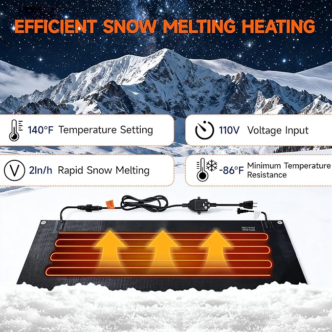 Snow Melting Mats Outdoor 20x60 Inch, Double No-Slip Rubber Heated Driveway Mats for Winter Snow Removal, 2 in/h Ice Melting Mats with Power Cord for Stairs, Walkways, Decks, Roof & Sidewalks,1PC