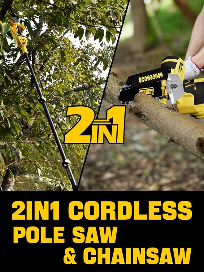 Cordless Pole Saw, 8-INCH 2-IN-1 Chainsaw with 21V 4.0Ah Battery Powered, Electric Tree Trimmer with 9FT Telescopic Pole, 180°Angle for Tree Branches Pruning & Wood Cutting, Battery Included