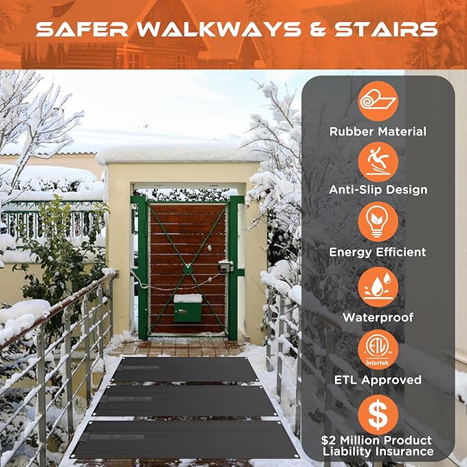HEATIT Heated Snow Melting Mats, Heated Outdoor Rubber Mats for Stairs, Snow Melting and Ice Melting Mats for Sidewalks (10" X 38")
