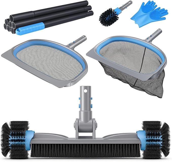 UIRWAY 6-in-1 Deluxe Swimming Pool Cleaning Kit - Includes Detachable Pool Brush, Deep Leaf Skimmer & Fine Mesh Net, Small Brush, Gloves, Adjustable Aluminum Pole Inground & Above Ground Cleaning