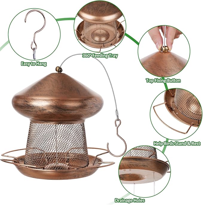 Bird Feeder, Heavy Duty Metal Bird Feeders for Outdoor Hanging, Cute Mushroom Shape 3.5 LB Large Capacity Wild Birdfeeder for Outside Garden Yard (Brown)