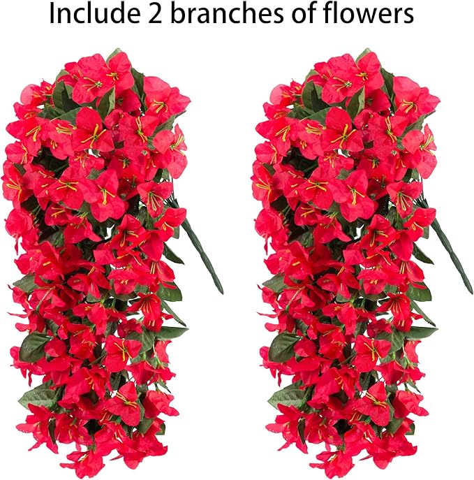 Faux Bougainvillea Artificial Flowers Plants for Outdoor Outside Decoration, 2 PCS Red Fake Flowers UV Resistant Look Real Silk Long Trailing Vines for Front Door Porch Planter Urn Patio Garden Yard