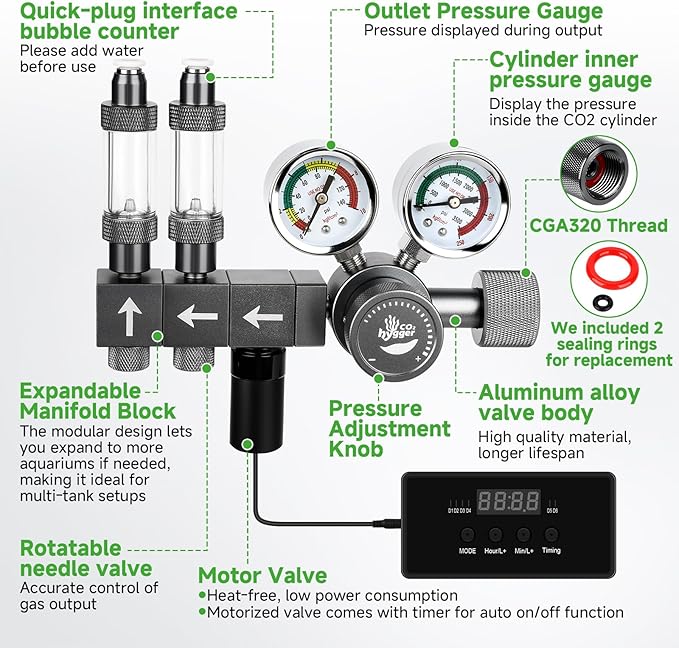 Upgraded Aquarium CO2 Regulator with Motorized Valve, Dual Stage Adjustable Pressure, Expandable for Two Tanks, Includes Timer and Bubble Counters for CO2 Aquarium System