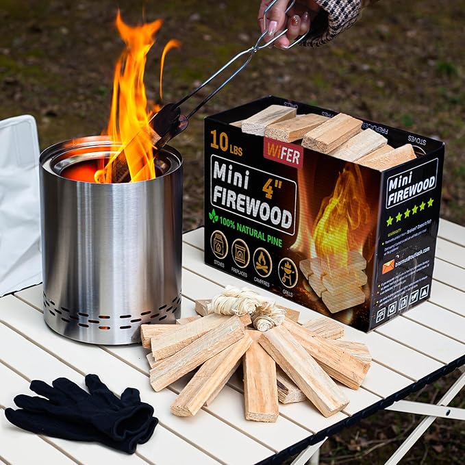 Mini Fire Stick with Fire Starter & Tongs, 4'' Kiln-Dried Pine Great Firewood for Wood Stoves, Tabletop Fire Pit, BBQ Grill, Pizza Oven, Solo Stove Accessories, BBQ Accessories, 10 lb Box