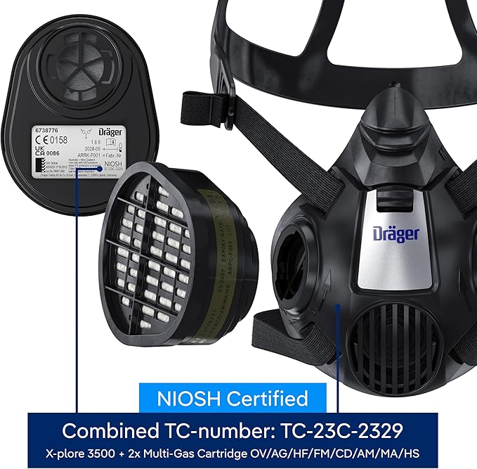 Dräger X-plore 3500 Half-Face Respirator Mask + 2x Multi-Gas Cartridge (OV/AG/HF/FM/CD/AM/MA/HS), NIOSH-Certified, Reusable Professional Respiratory Protection Kit