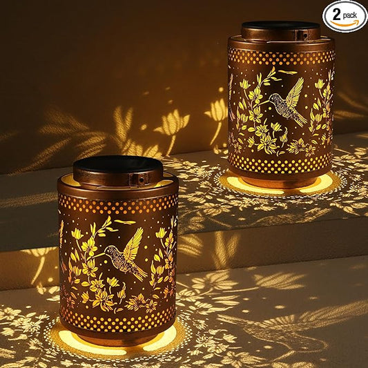 2 Pack Hummingbird Solar Lanterns Garden Decor Birthday Gifts for Women Mon Grandma Metal Hanging Solar Lights Waterproof Outdoor Decoration for Outside LED Lanterns for Yard