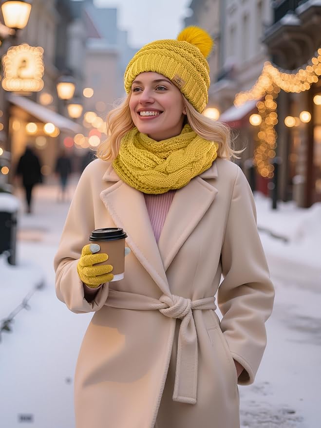 URATOT 4-In-1 Winter Warm Sets Knitted Scarf Touch Screen Gloves Beanie Pompom Hat and Winter Ear Warmer for Men or Women