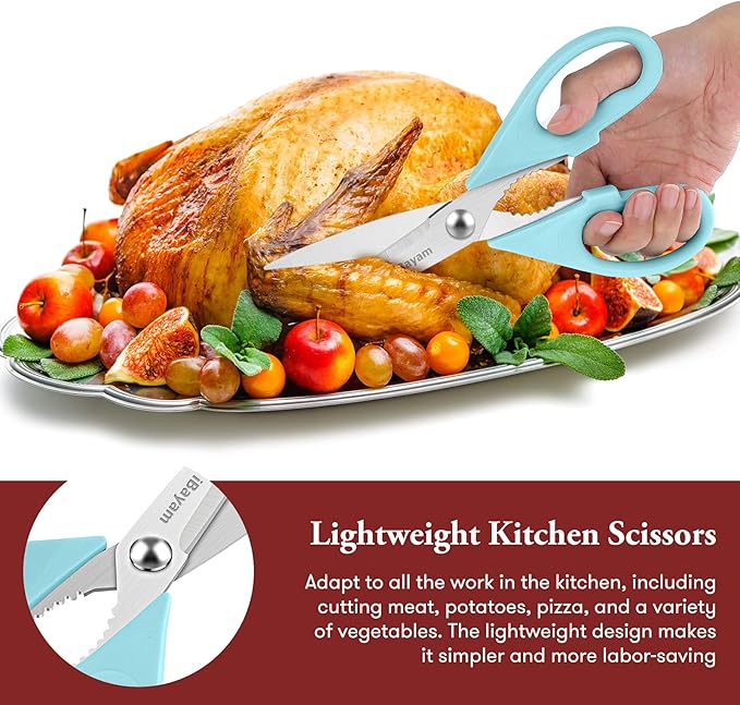 Kitchen Shears, iBayam Kitchen Scissors All Purpose Heavy Duty Meat Scissors Poultry Shears, Dishwasher Safe Food Cooking Scissor Stainless Steel Utility Scissor, 2-Pack, Light Blue, Pistachio