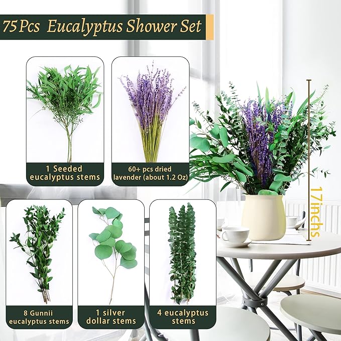 5 Kinds Eucalyptus & Lavender Flowers Bundles for Shower, 17'' Real Plants Leaves, Shower Wedding Home Decor, Shower Eucalyptus Haning Plants, Witchy Decor Aesthetic (75pcs)