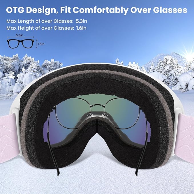 COOLOO Ski Goggles, OTG Snow Goggles for Adult Men Women Youth, Snowboard Goggles Over Glasses, Anti-fog, UV Protection