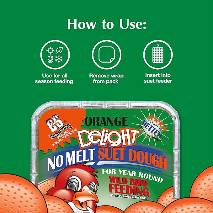 C&S Orange Delight No Melt Suet Dough, Suet Cakes for Wild Birds, 11.75 Ounces, Pack of 8