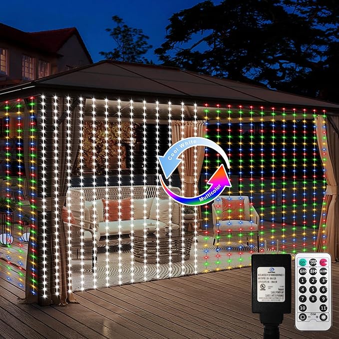 echosari 20Ft x 10Ft Large Curtain Lights Plug in, 600 LED Dual Color Changing Outdoor Curtain Lights Waterproof Connectable with Remote for Wedding Backdrop Yard Decor (Cool White & Multicolor)