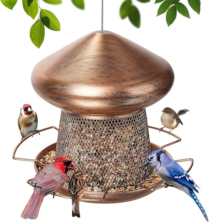 Bird Feeder, Heavy Duty Metal Bird Feeders for Outdoor Hanging, Cute Mushroom Shape 3.5 LB Large Capacity Wild Birdfeeder for Outside Garden Yard (Brown)