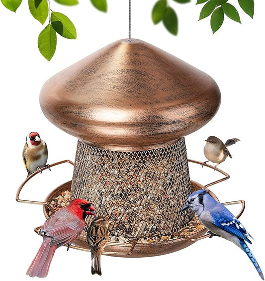 Bird Feeder, Heavy Duty Metal Bird Feeders for Outdoor Hanging, Cute Mushroom Shape 3.5 LB Large Capacity Wild Birdfeeder for Outside Garden Yard (Brown)