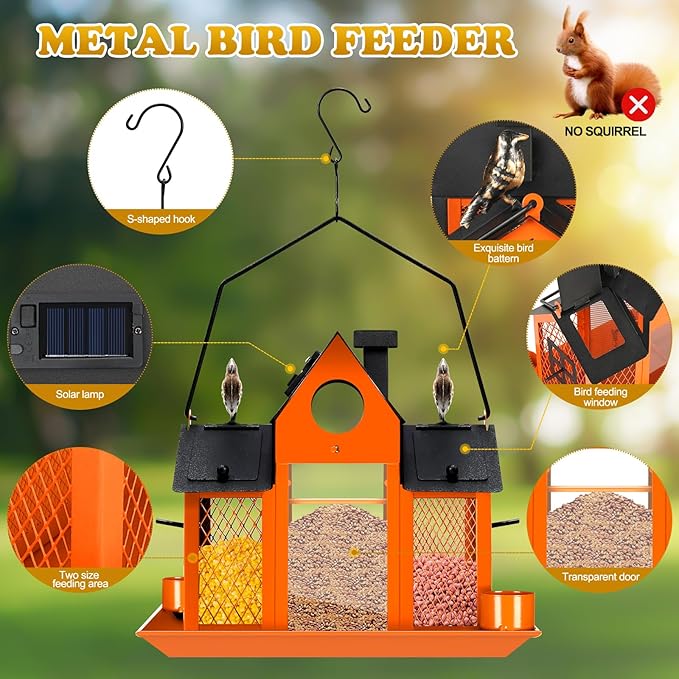 Solar Bird Feeders House for Outside Hanging, Metal Wild Bird Feeder for Outdoors Large Capacity Cardinal Birdfeeder Birdhouses Metal Bird Feeding Station Orange