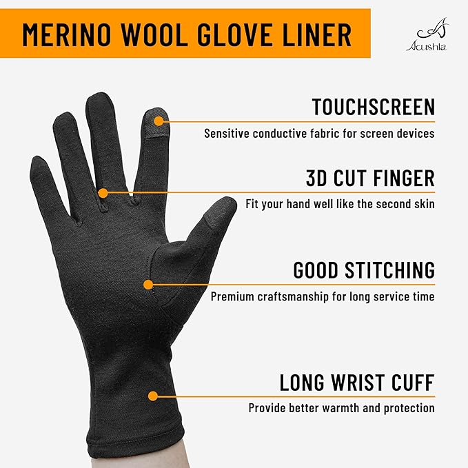 ACUSHLA Merino Wool Glove Liner -Touchscreen Lightweight Base Layer Ski Liner Glove for Men & Women