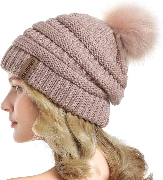 QUEENFUR Women Knit Slouchy Beanie Chunky Baggy Hat with Faux Fur Pompom Winter Soft Warm Ski Cap